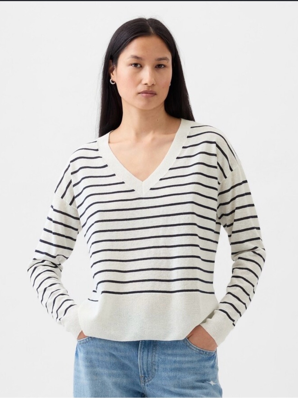 GAP White V-Neck Sweater with Black Stripes